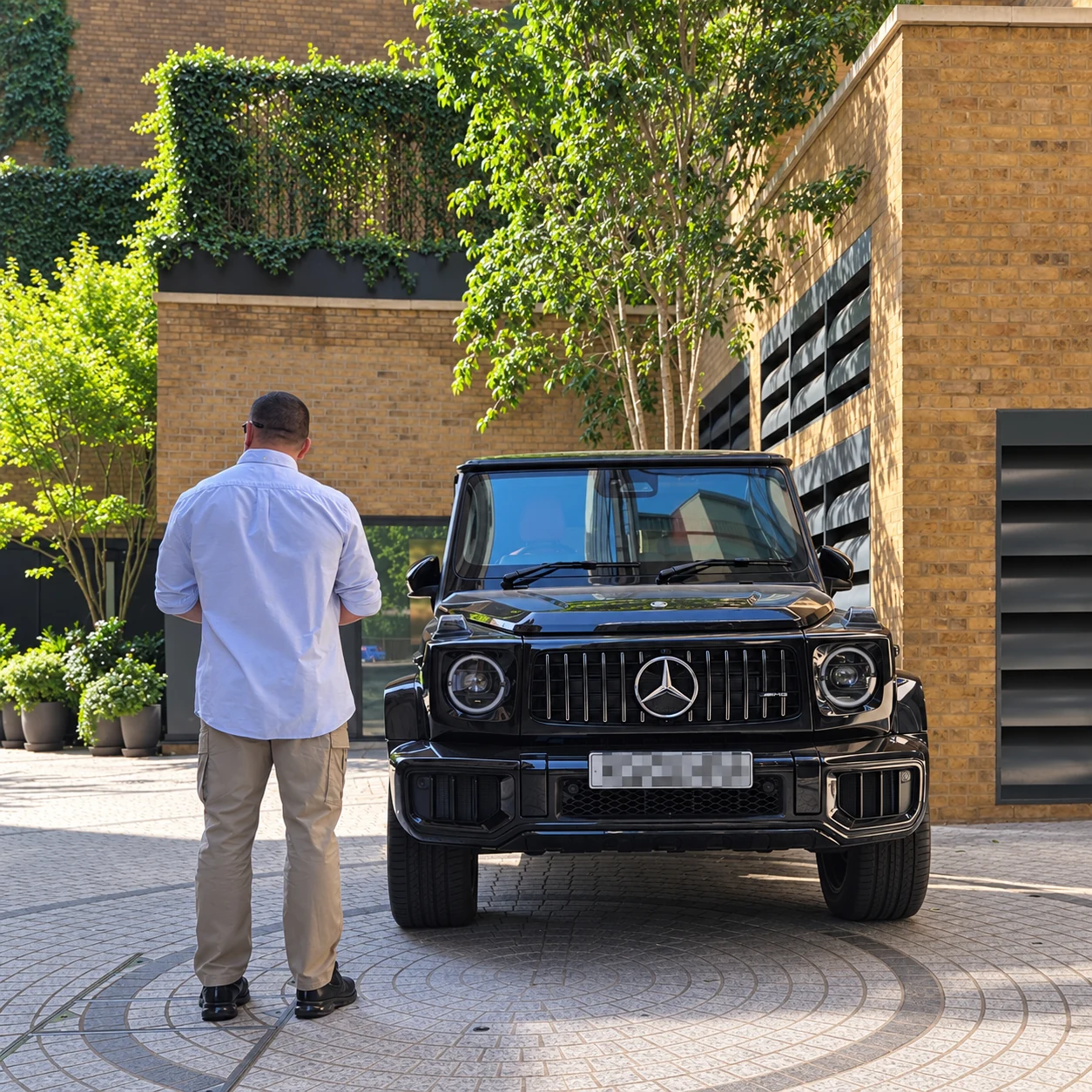 Spartan Elite Security protection officer beside a Mercedes-Benz G-Class in Knightsbridge